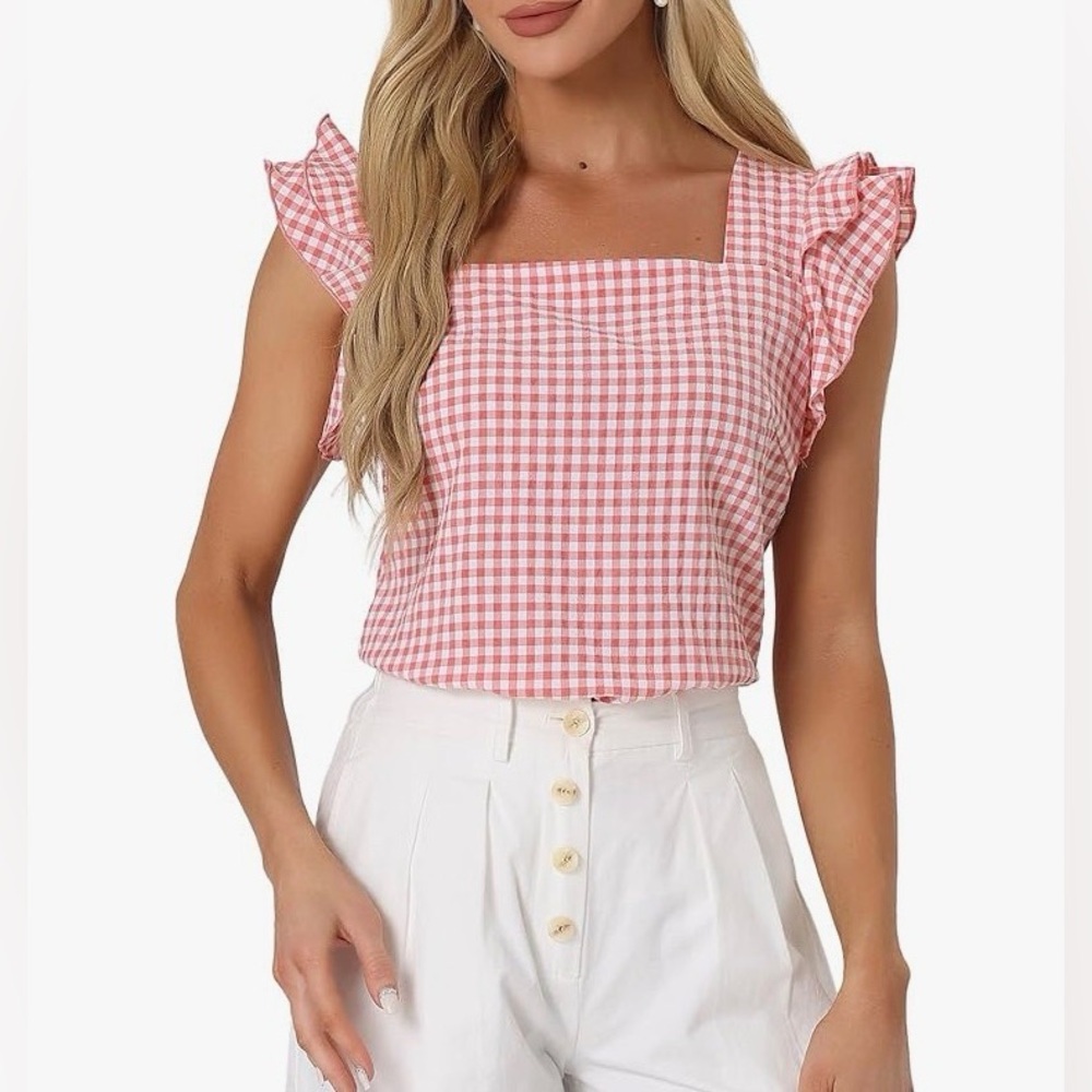Allegra K Gingham Women Summer Ruffle Cap Sleeve Square Neck Plaid Blouses Shirt